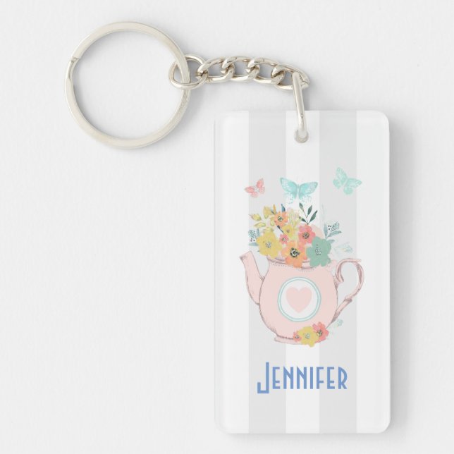 Pink Teapot with Flowers & Butterflies Key Ring (Front)