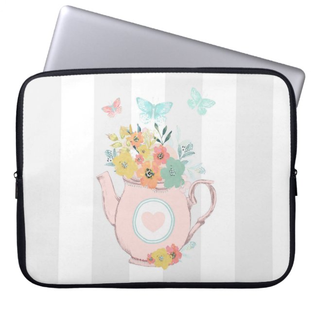 Pink Teapot with Flowers & Butterflies Laptop Sleeve (Front)