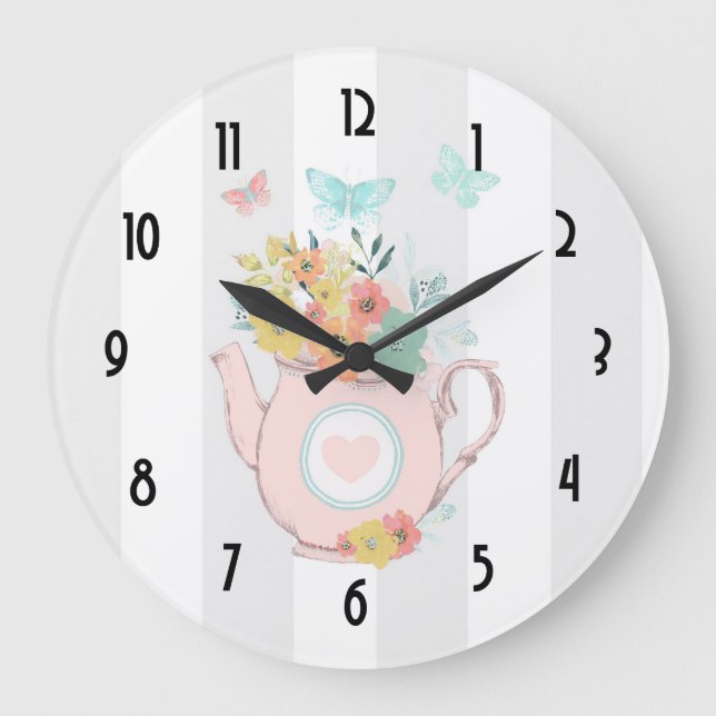 Pink Teapot with Flowers & Butterflies Large Clock (Front)