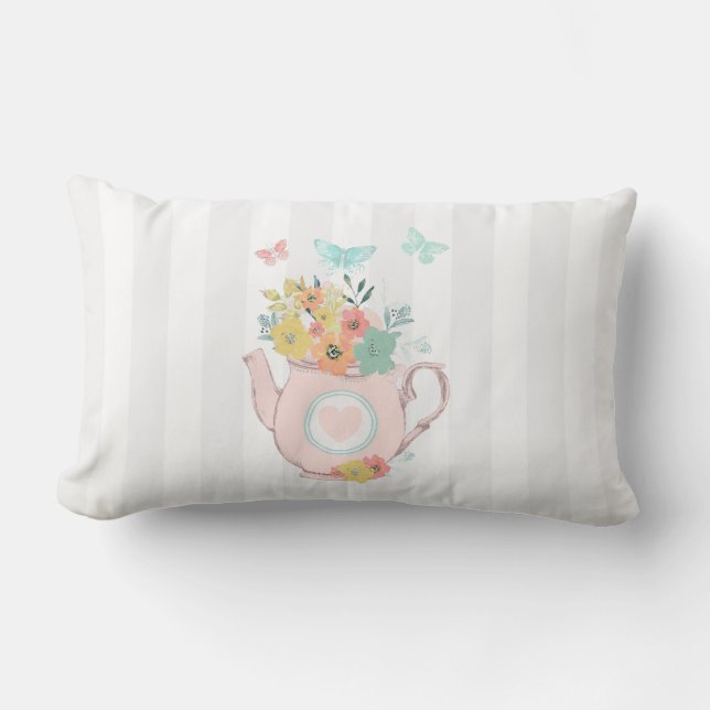 Pink Teapot with Flowers & Butterflies Lumbar Cushion (Front)