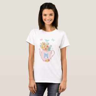 Pink Teapot with Flowers & Butterflies Monogram T-Shirt