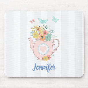 Pink Teapot with Flowers & Butterflies Mouse Mat