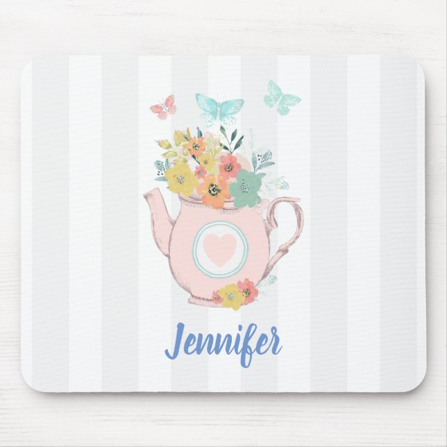 Pink Teapot with Flowers & Butterflies Mouse Mat (Front)