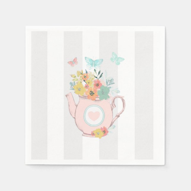 Pink Teapot with Flowers & Butterflies Napkin (Front)