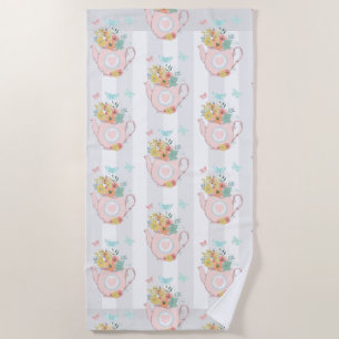 Pink Teapot with Flowers & Butterflies Pattern Beach Towel