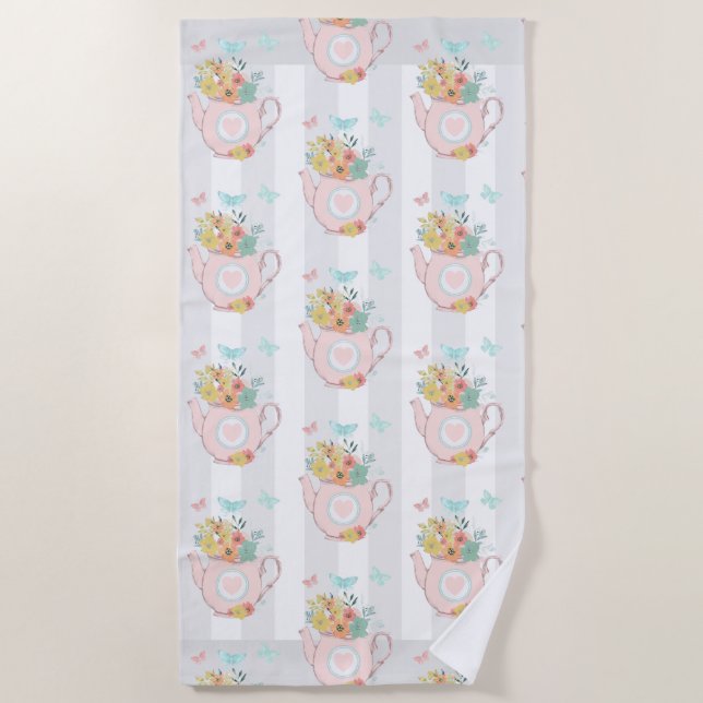 Pink Teapot with Flowers & Butterflies Pattern Beach Towel (Front)