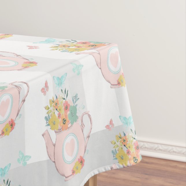 Pink Teapot with Flowers & Butterflies Pattern Tablecloth (In Situ)