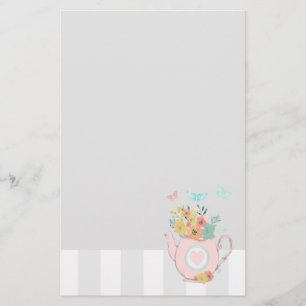 Pink Teapot with Flowers & Butterflies Stationery