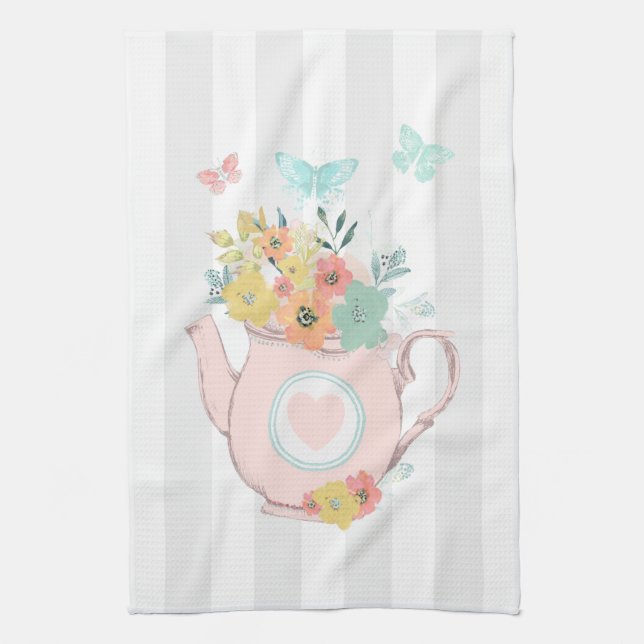 Pink Teapot with Flowers & Butterflies Tea Towel (Vertical)