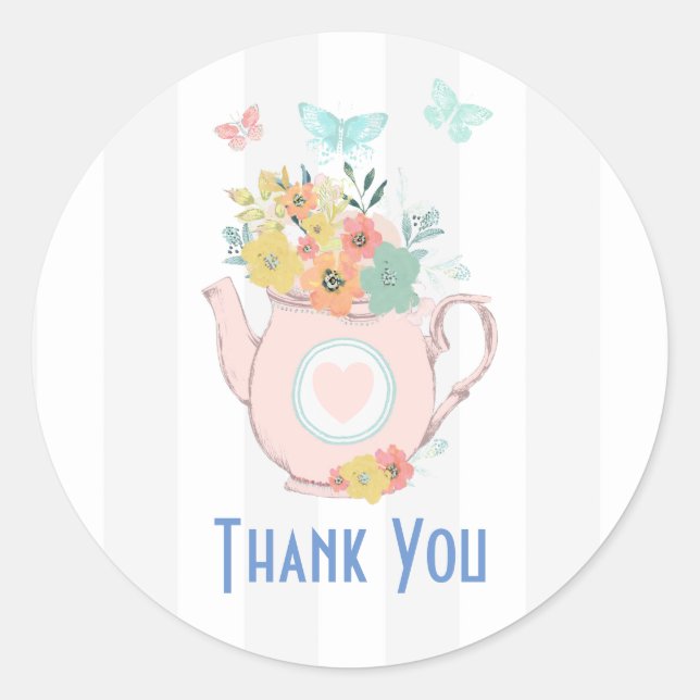 Pink Teapot with Flowers & Butterflies Thank You Classic Round Sticker (Front)