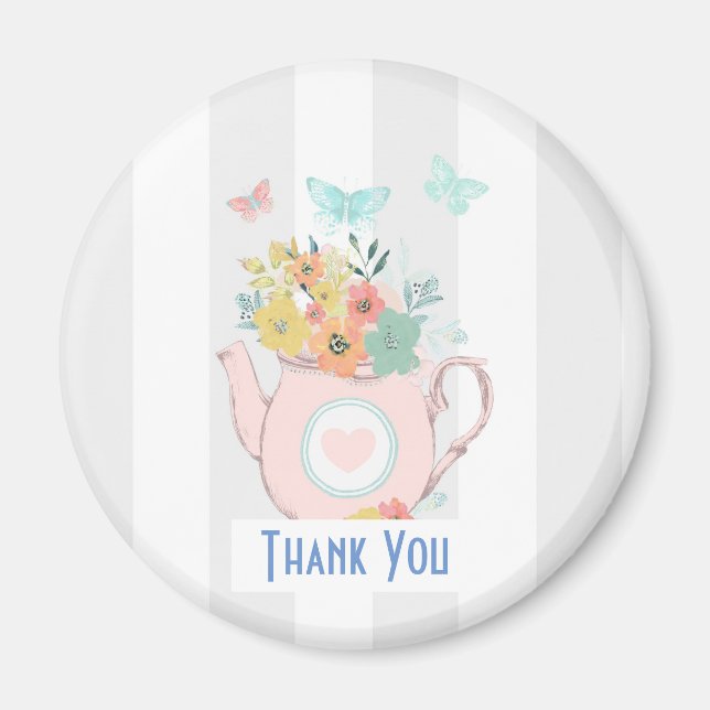 Pink Teapot with Flowers & Butterflies Thank You Magnet (Front)