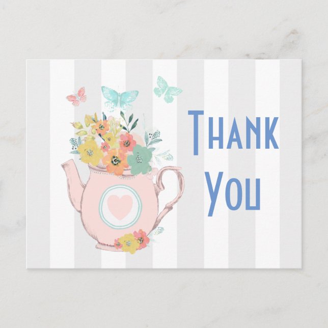 Pink Teapot with Flowers & Butterflies Thank You Postcard (Front)
