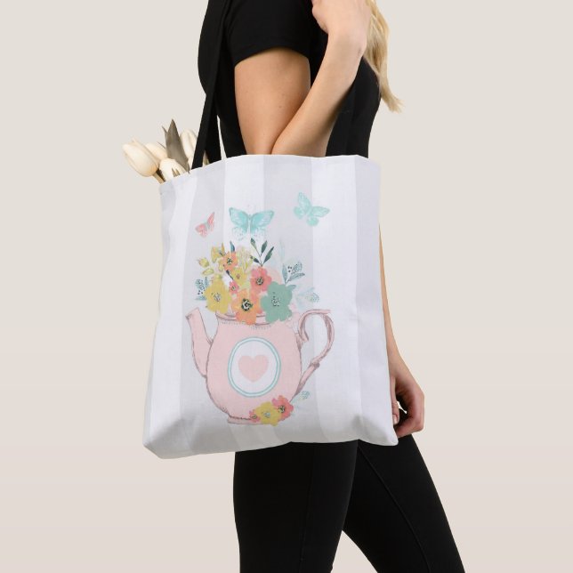 Pink Teapot with Flowers & Butterflies Tote Bag (Close Up)