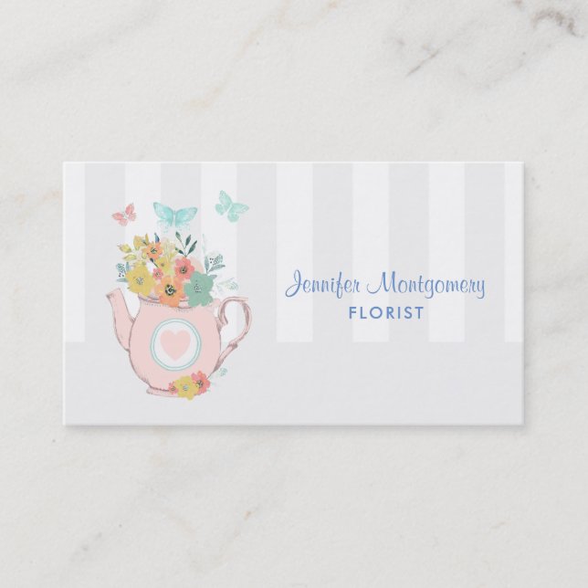 Pink Teapot with Flowers & Butterflies Vintage Business Card (Front)