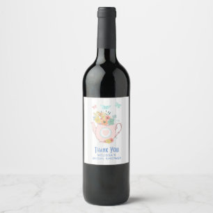 Pink Teapot with Flowers & Butterflies Wine Label