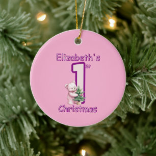 Pink Teddies First Christmas Cheer! Ceramic Tree Decoration