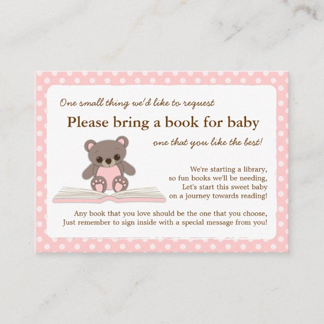 Pink Teddy Baby Shower Book Insert Request Card (Front)