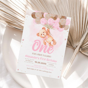 Pink Teddy Bear 1st Birthday Balloons Invitation