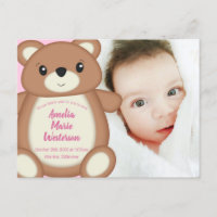 Pink Teddy Bear Baby Birth Announcement