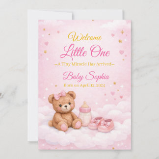 Pink Teddy Bear Baby Girl Birth Announcement Card