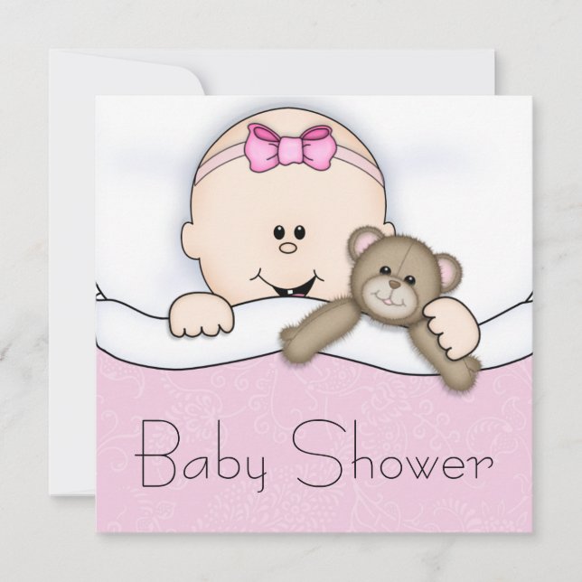 Pink Teddy Bear Baby Girl Shower Invitation (Front)