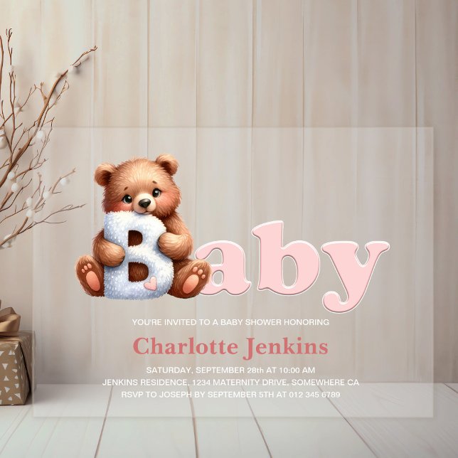 Pink Teddy Bear Baby Shower Acrylic Invitations (Creator Uploaded)