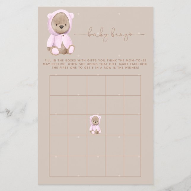 Pink Teddy Bear Baby Shower Bingo Game Flyer (Front)