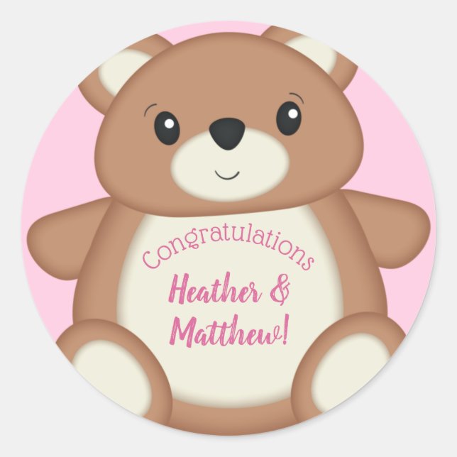 Pink Teddy Bear Baby Shower Classic Round Sticker (Front)