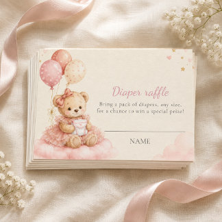 Pink Teddy Bear Baby Shower Diaper Raffle Enclosure Card