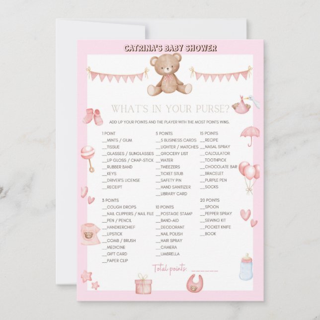 Pink Teddy Bear Baby Shower - Editable Name, 5x7 Invitation (Front)