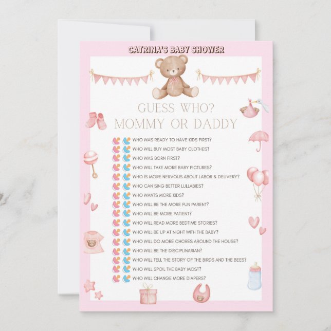 Pink Teddy Bear Baby Shower - Editable Name, 5x7 Invitation (Front)