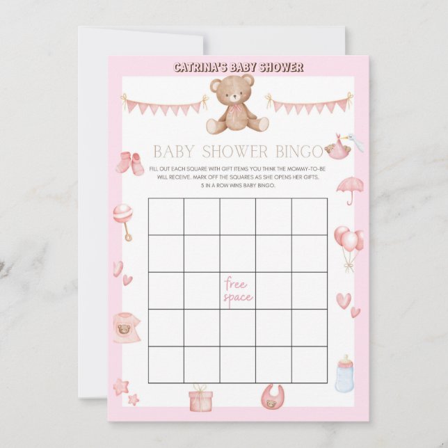 Pink Teddy Bear Baby Shower - Editable Name, 5x7 Invitation (Front)