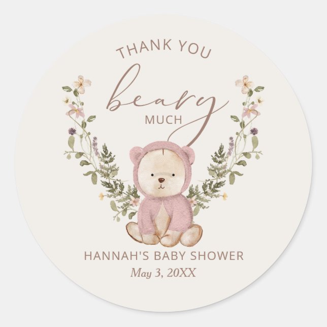 Pink Teddy Bear Baby Shower Favour Classic Round Sticker (Front)