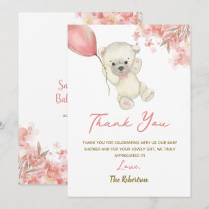 Pink Teddy Bear Baby Shower Floral Baby Girl Thank You Card