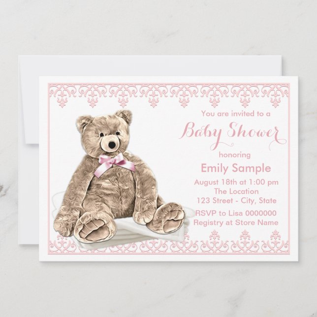 Pink Teddy Bear Baby Shower Invitation (Front)