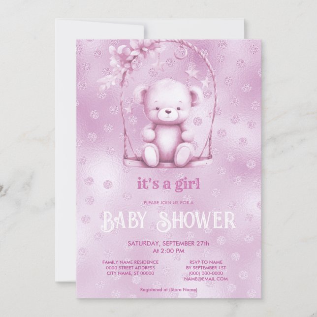 Pink Teddy Bear Baby Shower Invitation (Front)