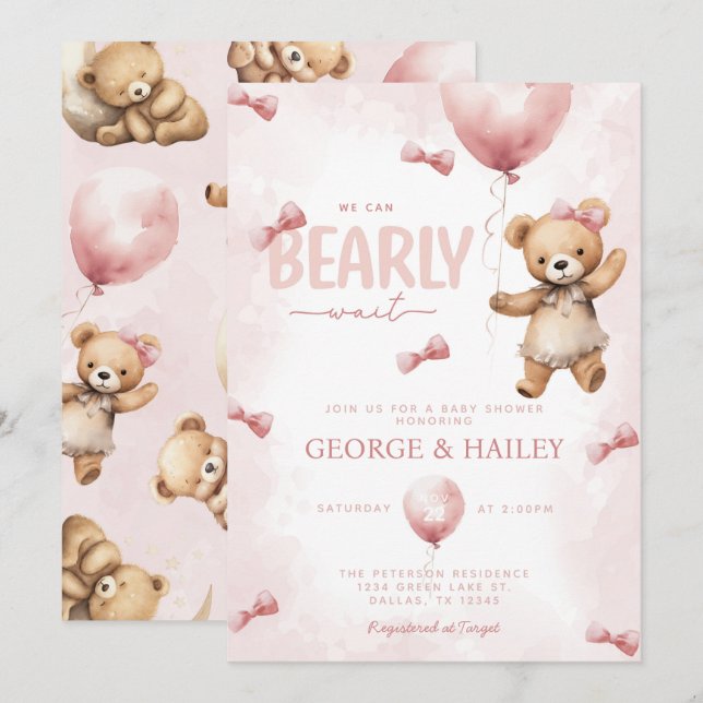 Pink Teddy Bear Baby Shower Invitation (Front/Back)