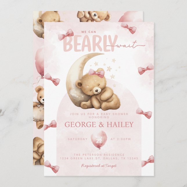 Pink Teddy Bear Baby Shower Invitation (Front/Back)