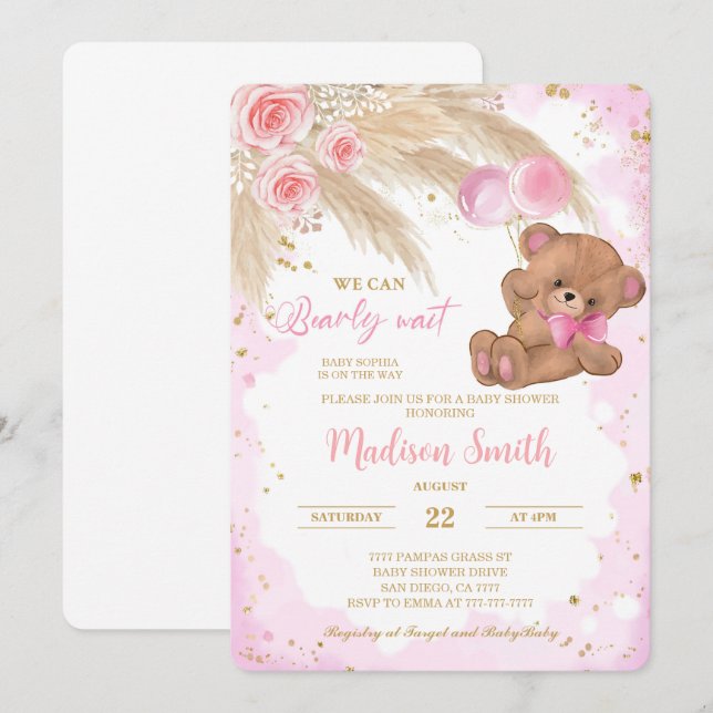 Pink Teddy Bear Baby Shower Invite (Front/Back)