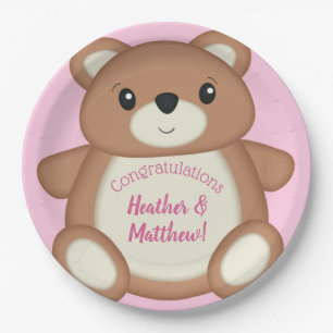 Pink Teddy Bear Baby Shower Paper Plate