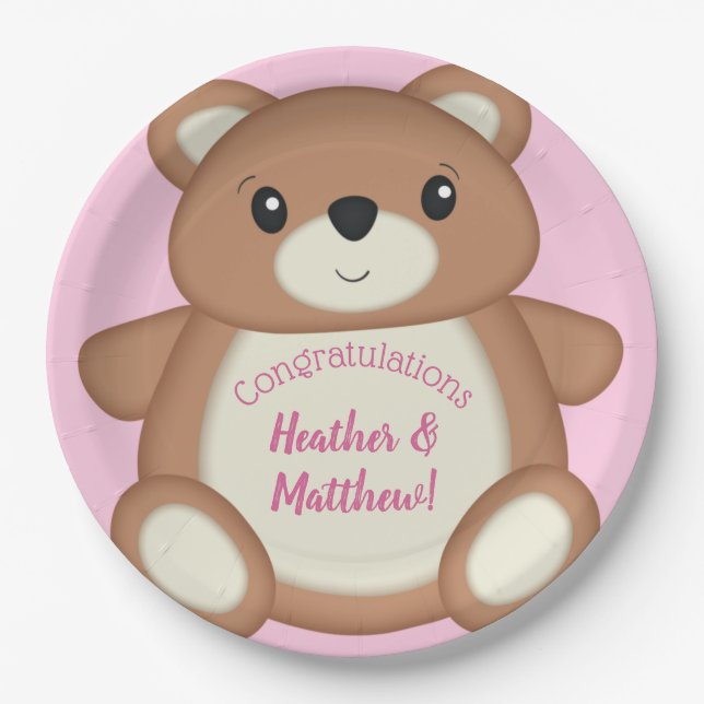 Pink Teddy Bear Baby Shower Paper Plate (Front)