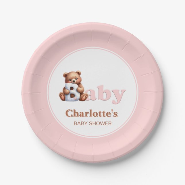 Pink Teddy Bear Baby Shower Paper Plate (Front)