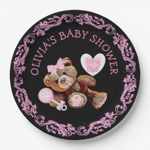 Pink Teddy Bear Baby Shower Paper Plates
