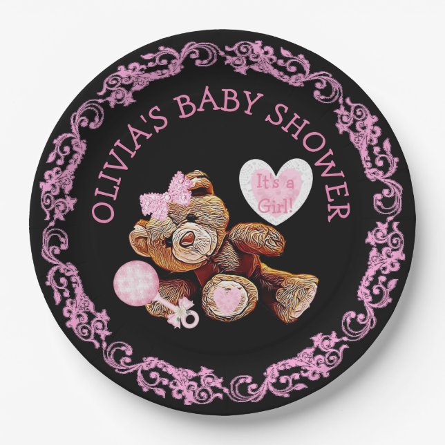Pink Teddy Bear Baby Shower Paper Plates (Front)