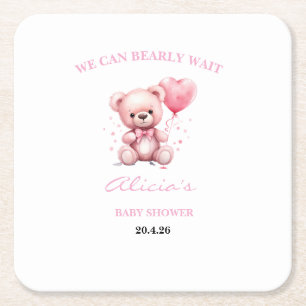 Pink Teddy Bear Baby Shower Square Paper Coaster