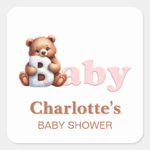 Pink Teddy Bear Baby Shower Square Sticker
