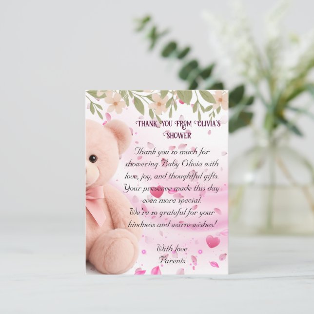 Pink Teddy Bear Baby Shower Thank You Card. Card (Standing Front)