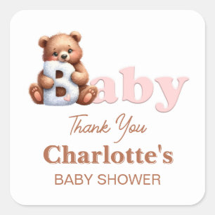 Pink Teddy Bear Baby Shower Thank You Square Sticker