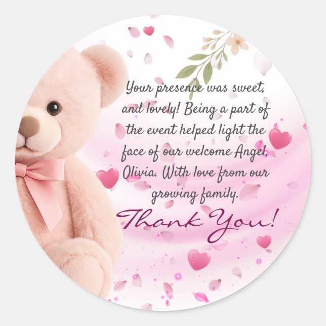 Pink Teddy Bear Baby Shower Thank You Sticker (Front)