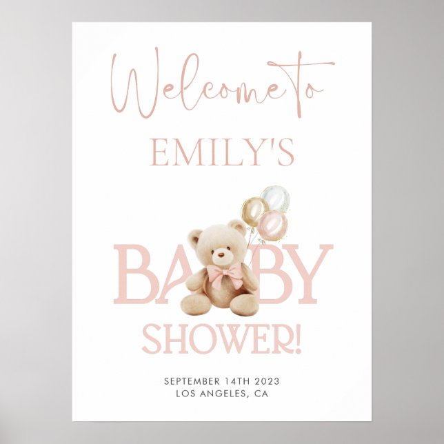 Pink Teddy Bear Baby Shower Welcome Sign (Front)